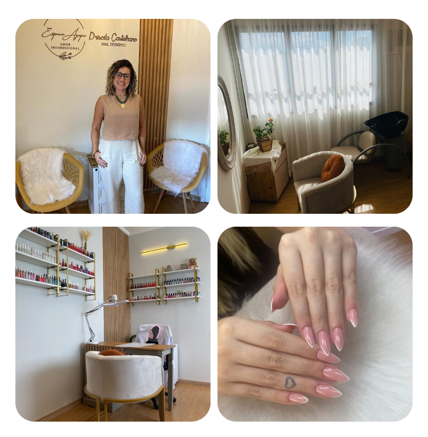 Priscila Castelhano, nail designer e cabeleireira, e seu espaço de trabalho